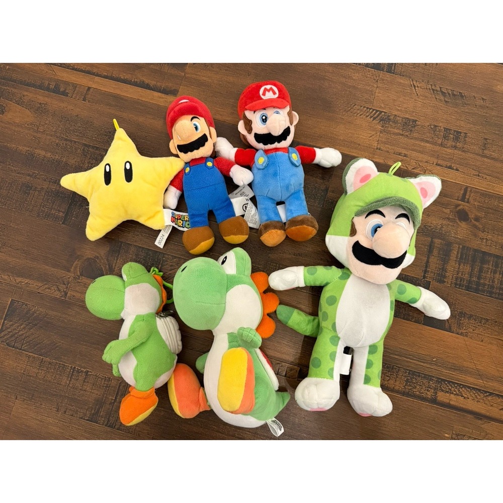 6 Pc Super Mario Bros. Plush Lot Stuffed Animal Yoshi Cat Luigi Star Nintendo